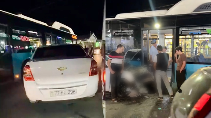 Binədə qəza: “Chevrolet” sərnişin avtobusuna çırpıldı    - VİDEO