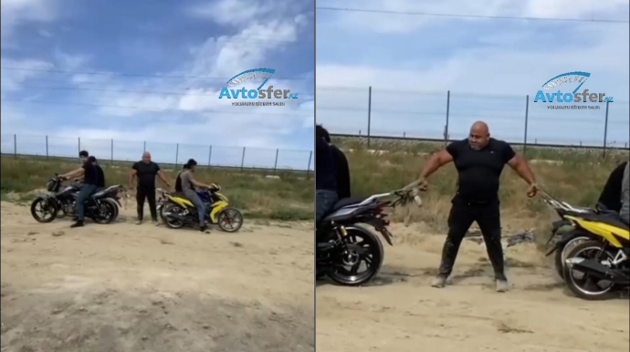 Pəhləvandan yeni şou: Dörd motosikleti belə saxladı – VİDEO  