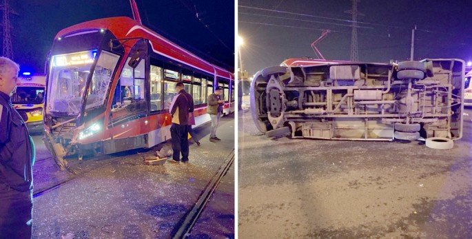 Tramvay qırmızıdan keçən sərnişin avtobusunu aşırtdı: 10 nəfər xəsarət alıb - VİDEO