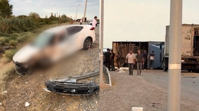 Sabirabadda qəza: “Hyundai” ilə toqquşan yük maşını aşdı   - VİDEO