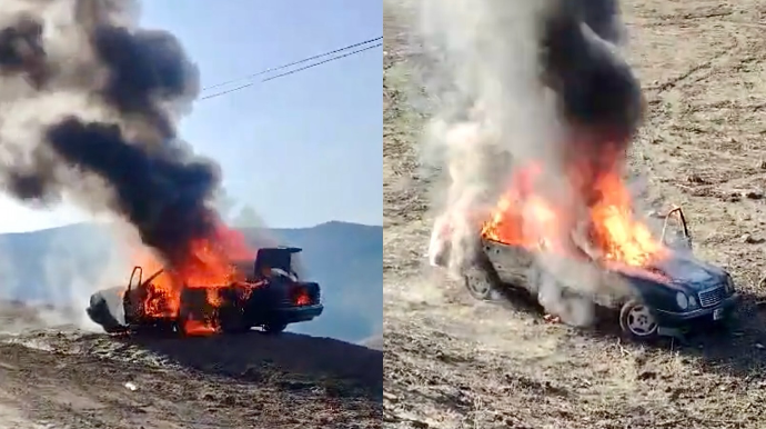 В Ярдымлы Mercedes загорелся и упал в овраг - ВИДЕО 