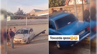 Tovuzda “Hyundai” işıq dirəyini yerindən qopardı, “VAZ” hasara çırpıldı    - VİDEO