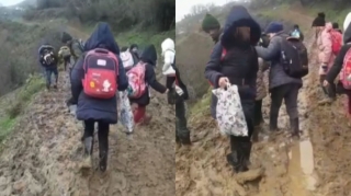 Lənkəranda dizə qədər palçıq olan məktəb yolu  - VİDEO