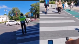 Təhlükə ilə üzləşən velosipedçilər yol polisindən kömək istədi - VİDEO 