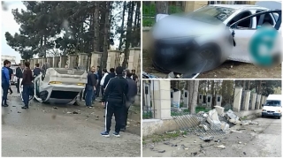 Yevlaxda qəza: “BYD” qəbiristanlığın hasarına çırpılıb aşdı   - VİDEO