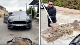 Bakıda "Porsche"nin üstündə beton qarışdırdılar - VİDEO 