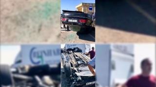 Beyləqanda traktora dəyən “Mercedes” arxası üstə aşdı  - VİDEO