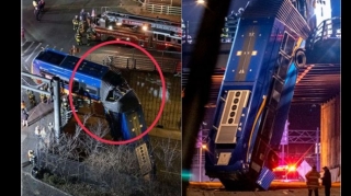 Estakadadan aşan sərnişinlə dolu avtobus havadan asılı qaldı   - VİDEO - FOTO