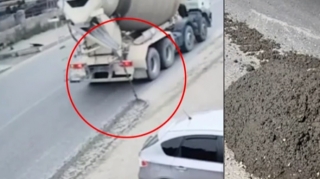 В Баку водитель бетономешалки вылил раствор на проезжую часть и скрылся - ВИДЕО