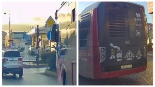 Qəza şəraiti yaradan avtobus sürücüsü hələ əliylə qarşı tərəfi haqsız çıxardı   - VİDEO