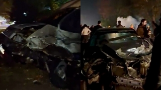 Göyçayda “Mercedes”lə toqquşan yük maşını alovlandı, 1 nəfər xəsarət aldı   - VİDEO