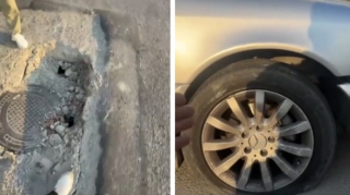 Bakıda yol çökdü:  Avtomobilin təkəri partladı - VİDEO 