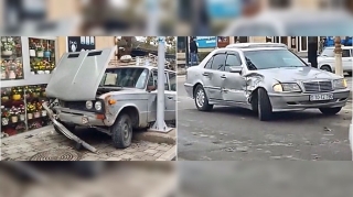 "Mercedes"lə toqquşan “VAZ” obyektlə işıq dirəyinin arasında sıxışıb qaldı   - VİDEO