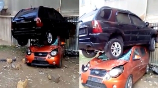 Azərbaycanda qeyri-adi qəza:  Maşınlar bir-birinin üzərinə çıxdı - VİDEO 