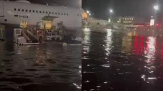 Almaniyanın ən böyük hava limanlarından birində uçuş-enmə zolağı su altında qaldı - VİDEO 