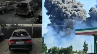 Krım aeroportu bombalanandan sonra yanan maşınlar  - VİDEO