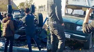 Qubada “VAZ”la toqquşan “Prado” bordürə çıxıb aşdı    - VİDEO