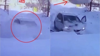 İri buz parçası içərisində sərnişinlər olan avtomobilin üstünə düşdü  - VİDEO