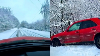 Qarlı yolda “Mercedes”lə “şou” göstərmək istəyən sürücü qəzaya düşdü   - VİDEO