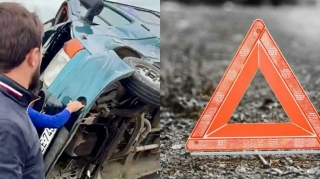 Şəmkirdə qəza: “Mercedes”lə toqquşan yük maşını aşdı   - VİDEO