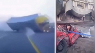 Yük maşınının altında qalan “Mazda” kitab kimi əzildi; sürücü sağ qaldı - Möcüzə - VİDEO 