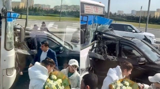 "Koroğlu"da qəza:  136 nömrəli avtobus “Hyundai”a girdi  - VİDEO