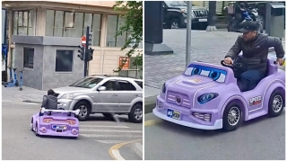 Bakı küçələrində oyuncaq maşın sürən kişi  sürücülərə təhlükə yaratdı   - VİDEO