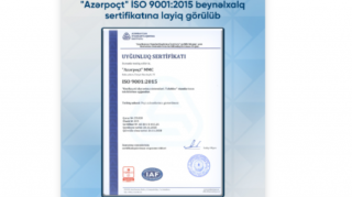 “Azərpoçt” “ISO 9001:2015 – Keyfiyyət İdarəetmə Sistemi” sertifikatını əldə etdi 