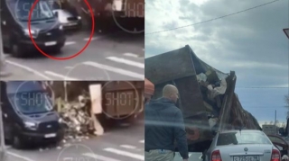 Zibil maşını minik avtomobilinin üzərinə aşdı  - VİDEO