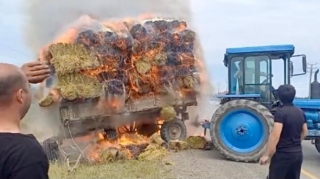 İmişlidə yanan ot tayası traktorun qoşqusunu da  alışdırdı   - VİDEO