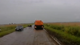 Sürətlə gələn avtomobil yolu keçən inəyi vurdu  - VİDEO