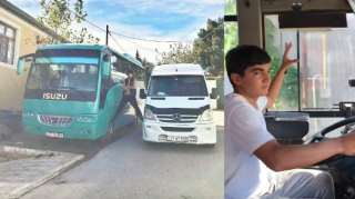 Avtobusun sükanı arxasına keçən gənc sürücüdən qayda pozuntuları - VİDEO