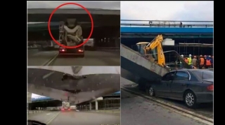 Betonqarışdıranın zədələdiyi körpünün maşının üstünə düşmə anı - VİDEO