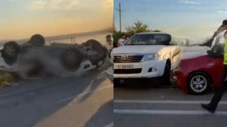 Novxanı yolunda ağır qəza: Üç maşın toqquşdu, biri aşdı    - VİDEO