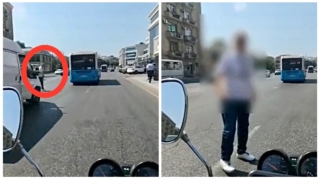 Bakıxanovda yolu qaçaraq keçən yaşlı kişi moto sürücünü özündən çıxardı    - VİDEO