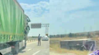 Salyanda iki yük maşını toqquşdu, sürücülərdən biri yaralandı    - VİDEO