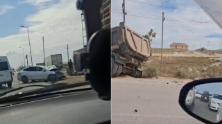 Binəqədidə ağır qəza: “KamAZ”la “BYD” toqquşdu – VİDEO 